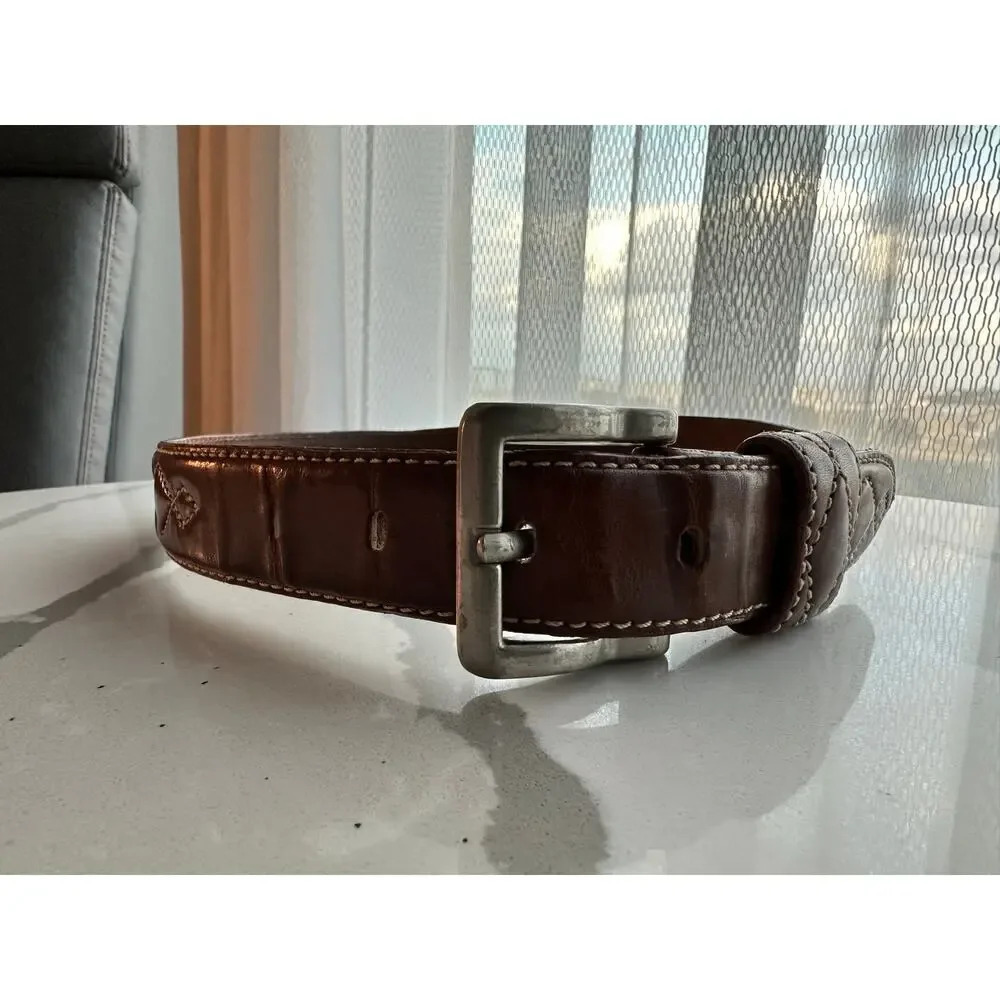 Vintage Fossil Brown Diamond Stitch Pattern Leather Belt mens small